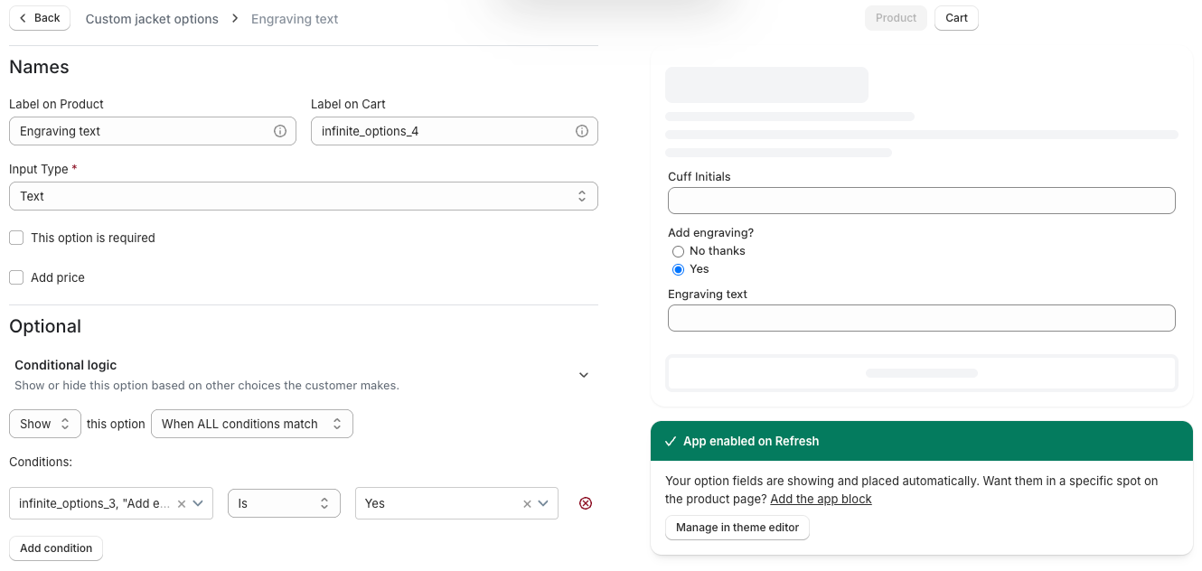 An engraving upcharge with a text box that only appears when the customer chooses it.